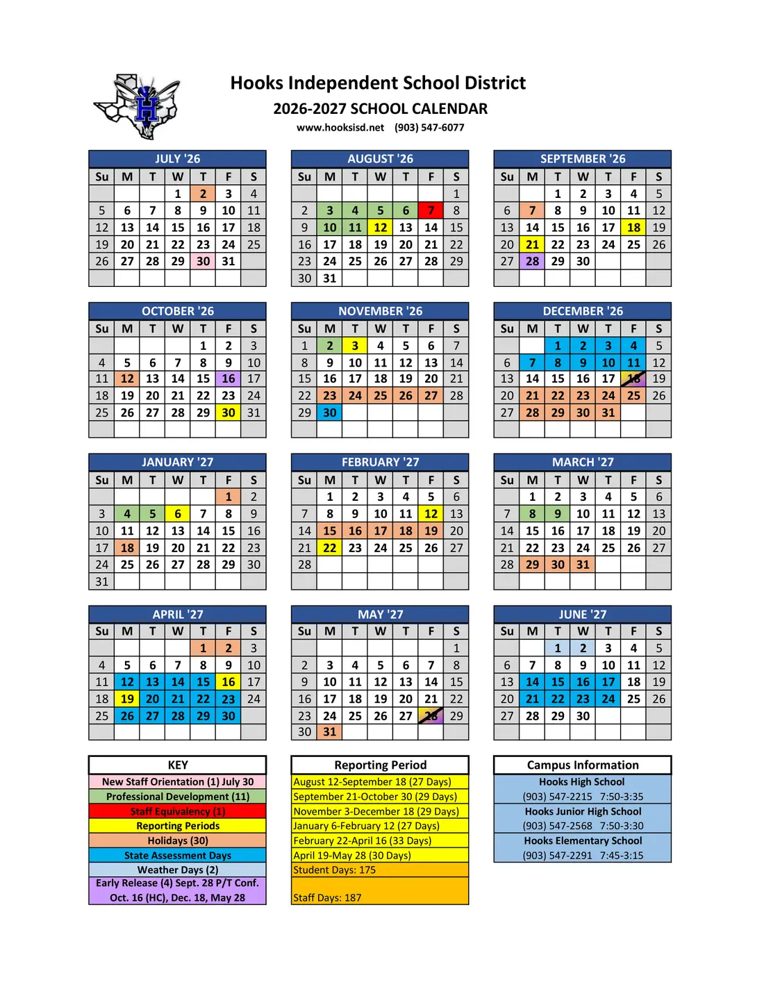 Hooks ISD 2026–2027 academic calendar