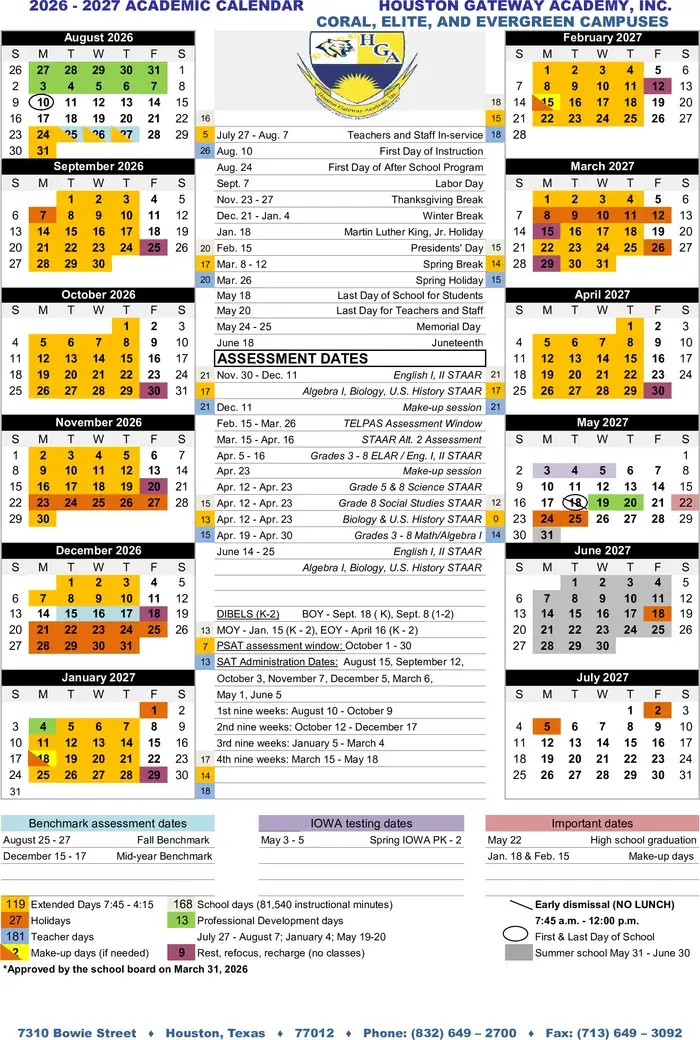Houston Gateway Academy Inc 2026–2027 academic calendar