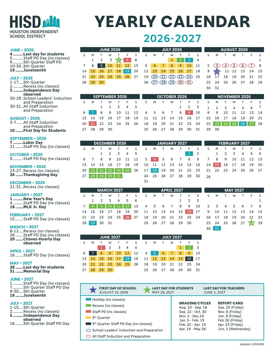 Houston ISD 2026–2027 school calendar