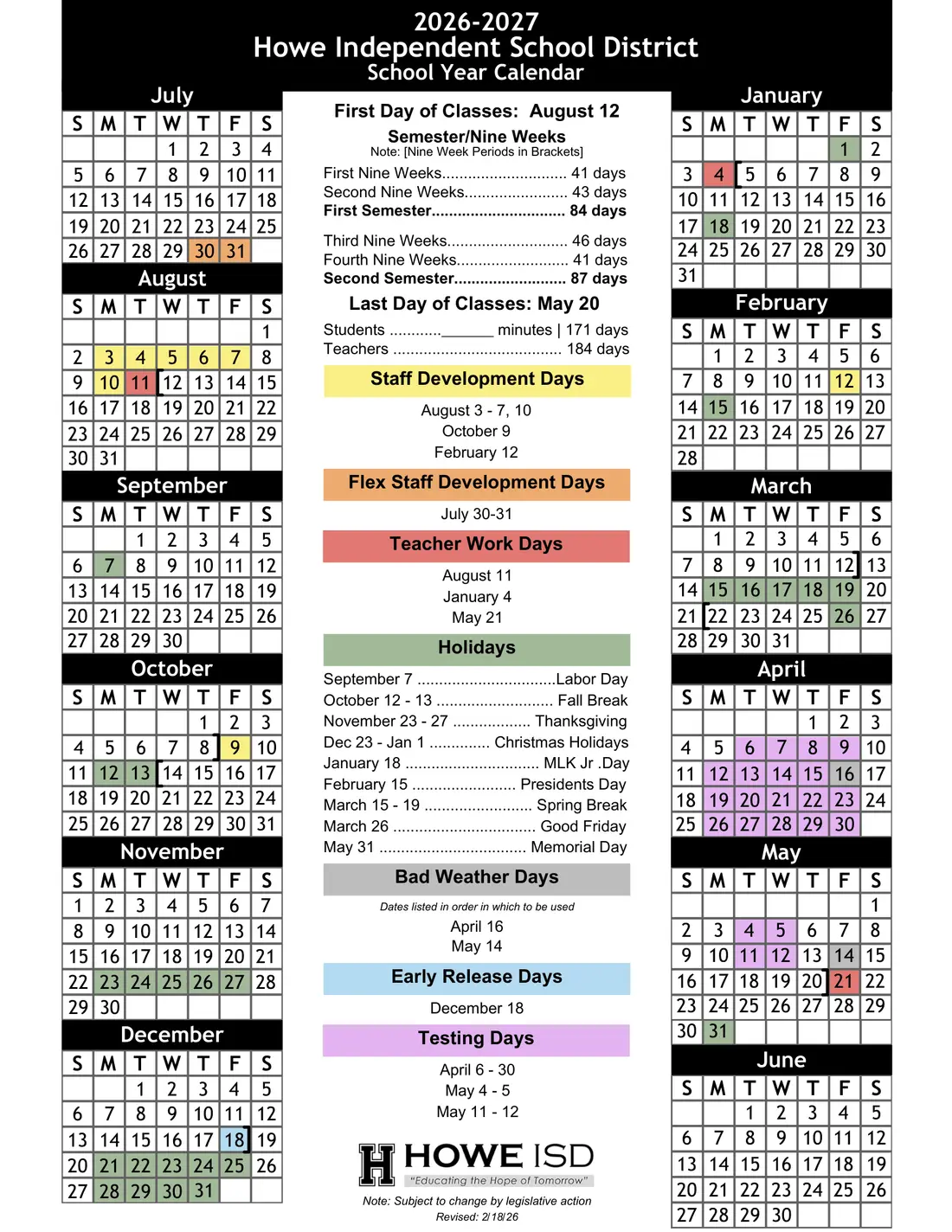 Howe ISD 2026–2027 academic calendar