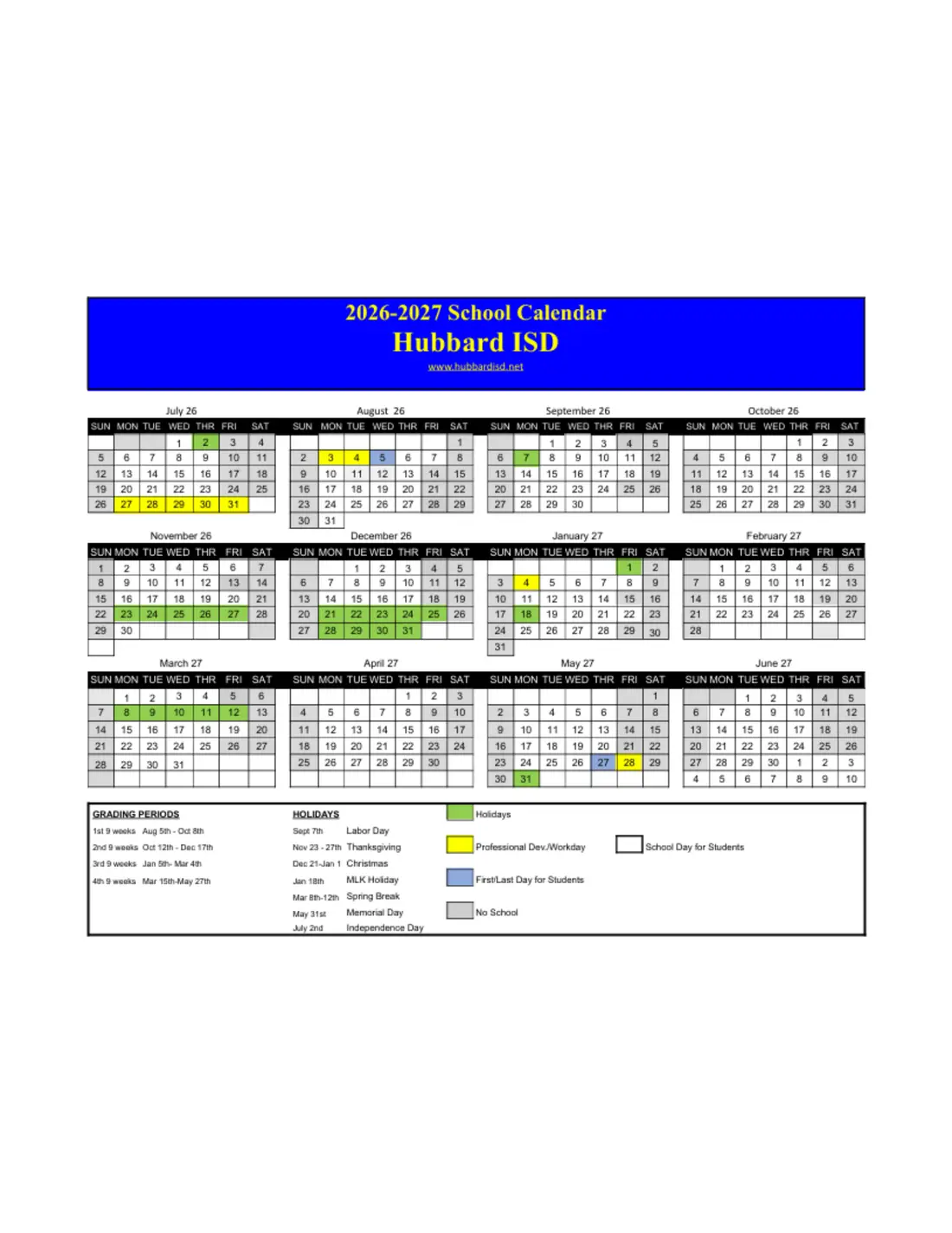 Hubbard ISD 2026–2027 academic calendar