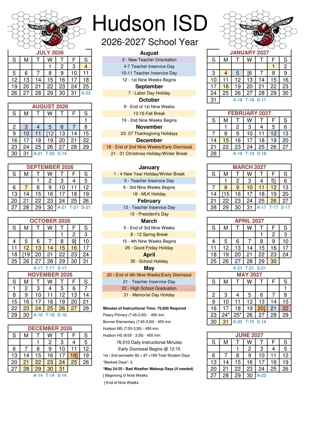 Hudson ISD 2026–2027 academic calendar