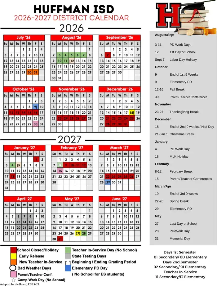 Huffman ISD 2026–2027 academic calendar