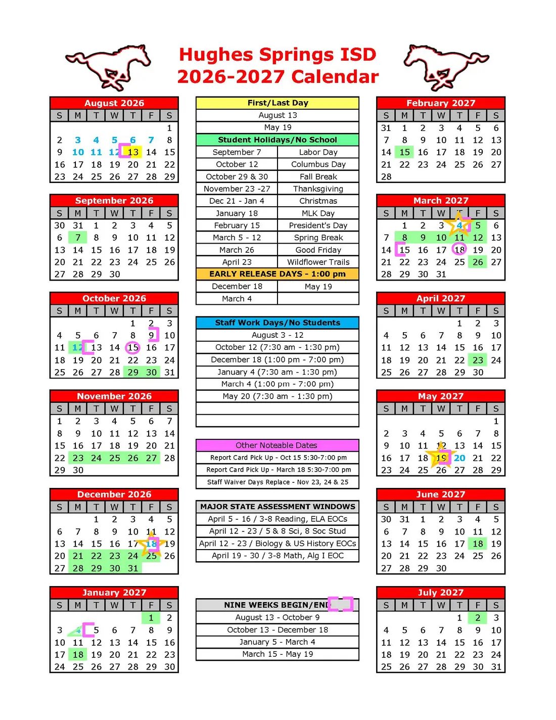 Hughes Springs ISD 2026–2027 academic calendar