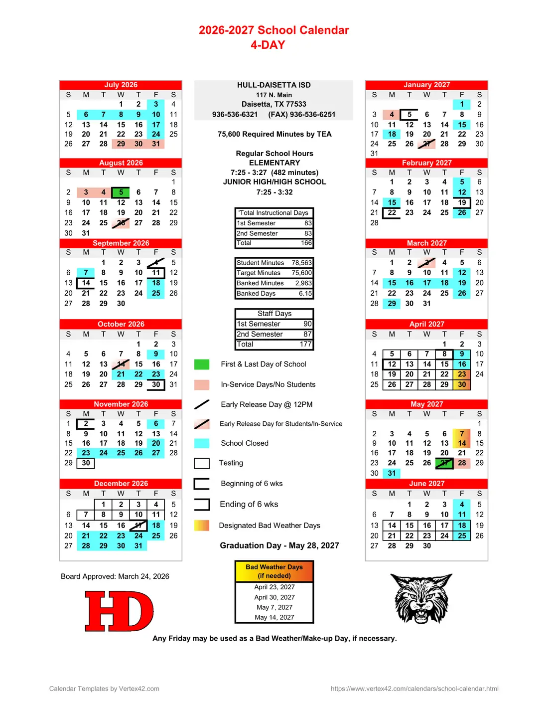 Hull-daisetta ISD 2026–2027 academic calendar