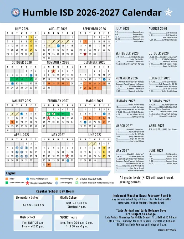 Humble ISD 2026–2027 academic calendar