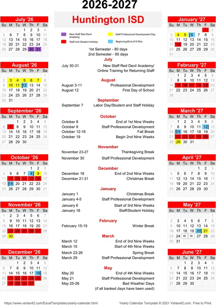 Huntington ISD 2026–2027 academic calendar