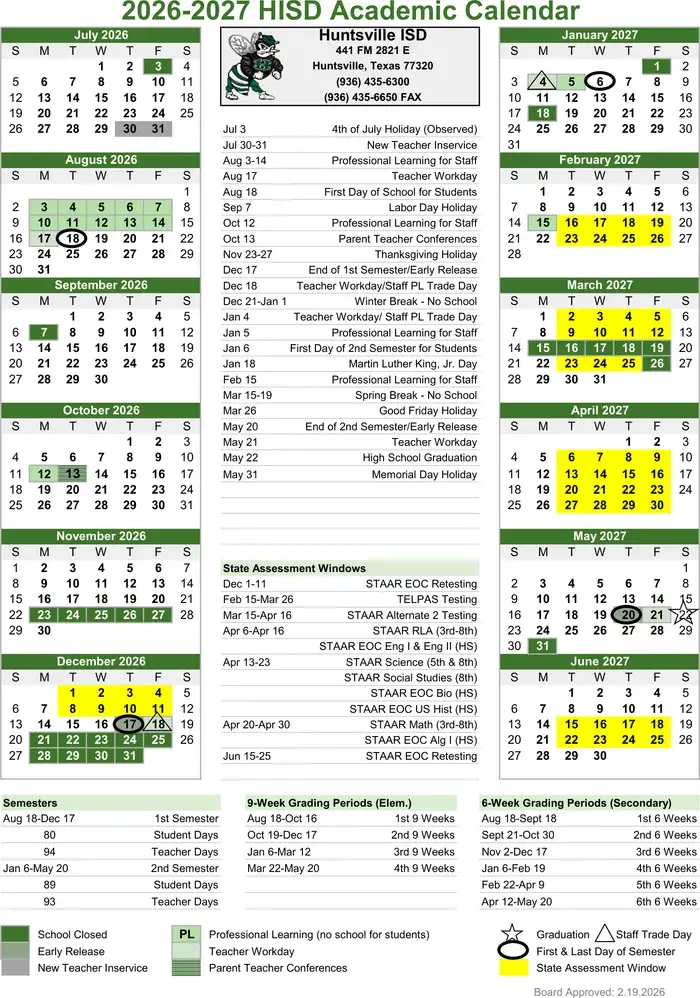 Huntsville ISD 2026–2027 academic calendar