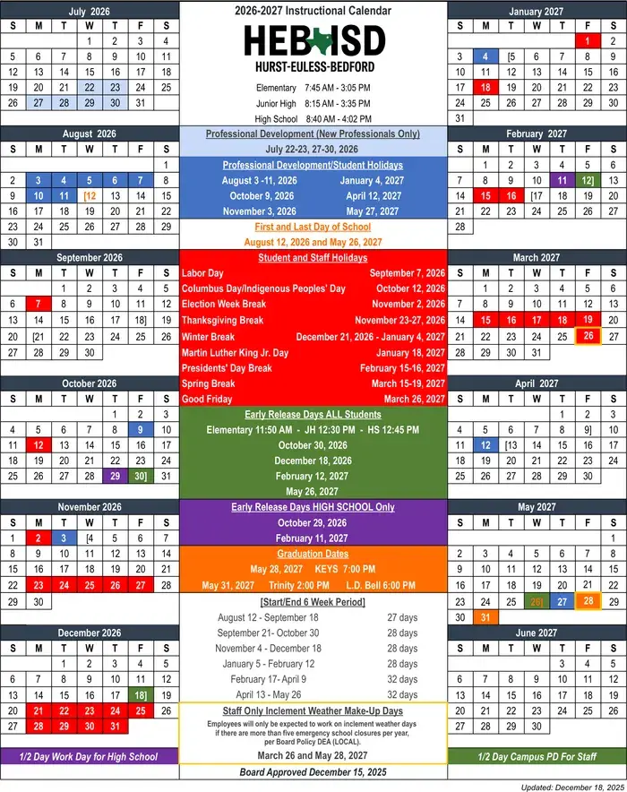Hurst-euless-bedford ISD 2026–2027 academic calendar
