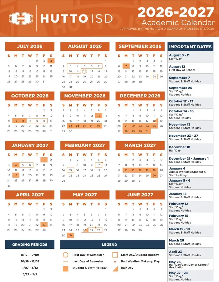 Hutto ISD 2026–2027 academic calendar
