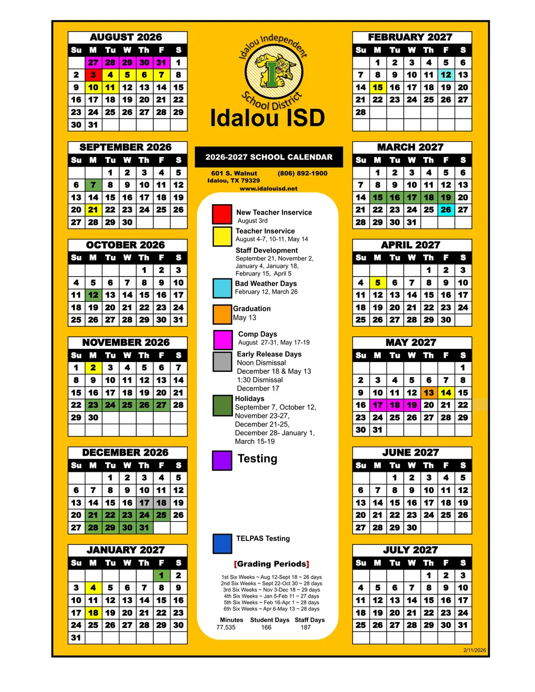 Idalou ISD 2026–2027 academic calendar