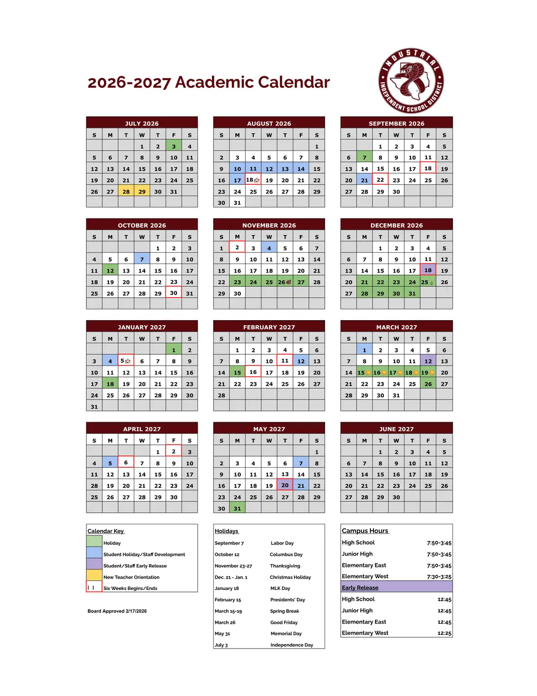 Industrial ISD 2026–2027 academic calendar
