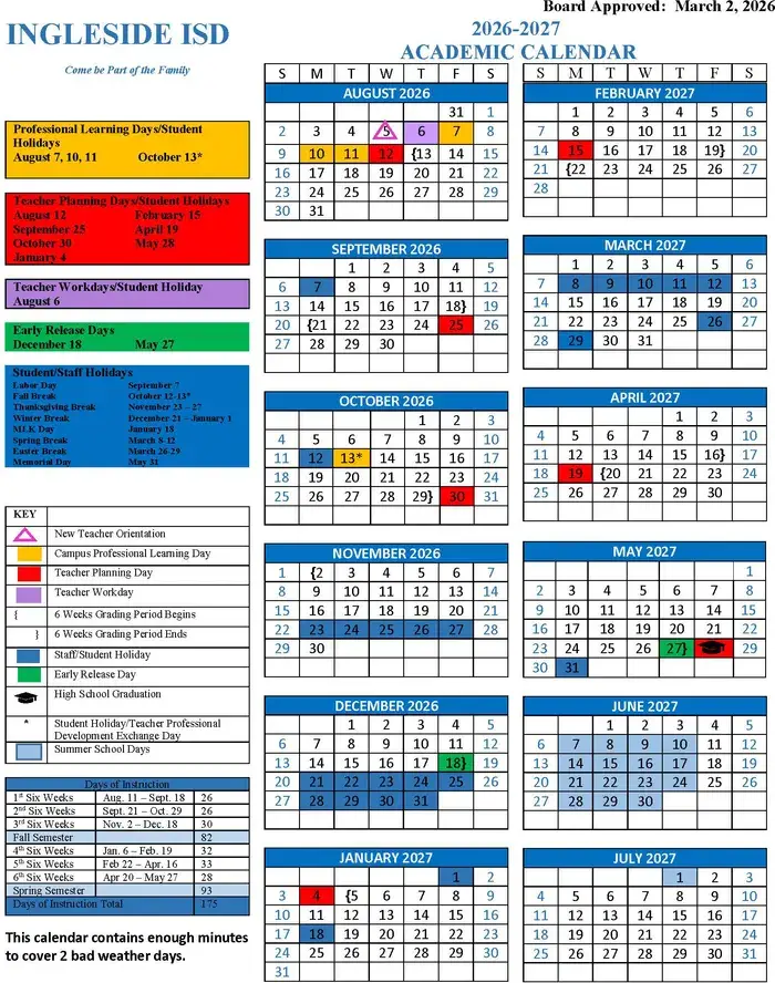 Ingleside ISD 2026–2027 academic calendar