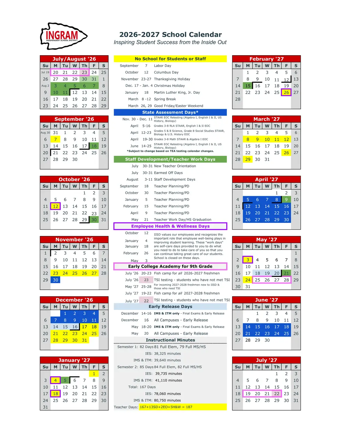 Ingram ISD 2026–2027 academic calendar
