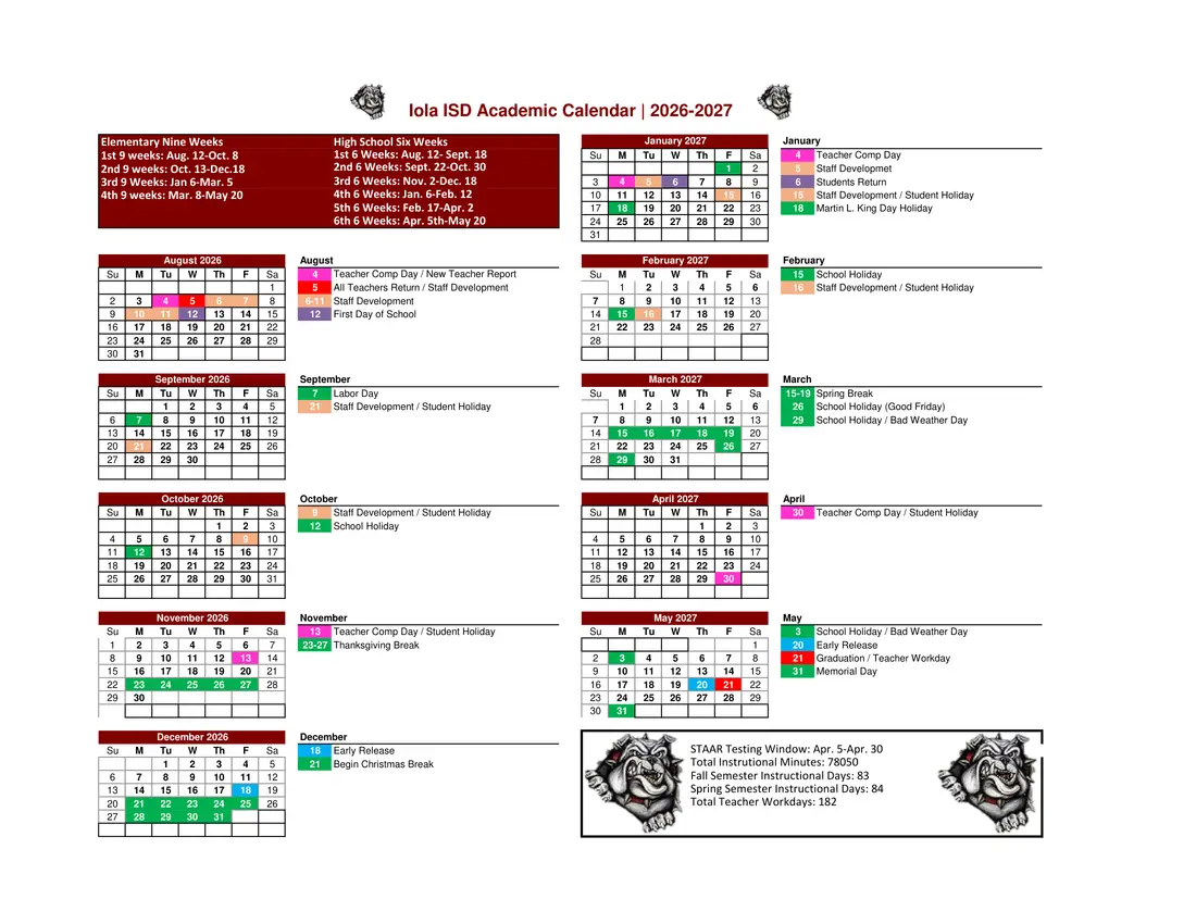 Iola ISD 2026–2027 academic calendar