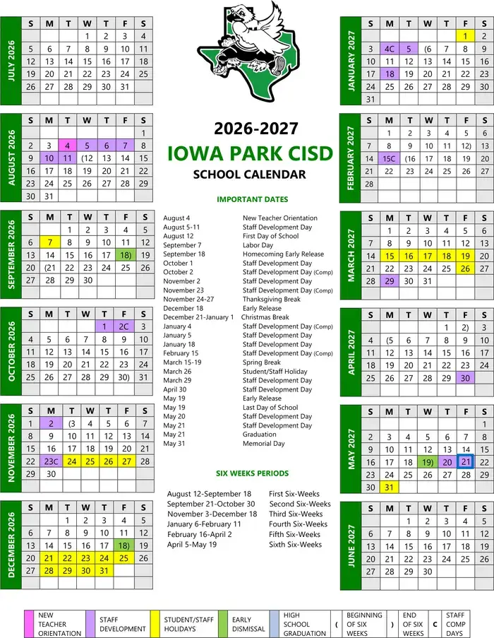 Iowa Park CISD 2026–2027 academic calendar