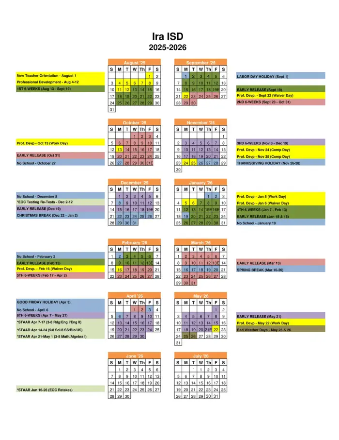 Ira ISD 2026–2027 academic calendar