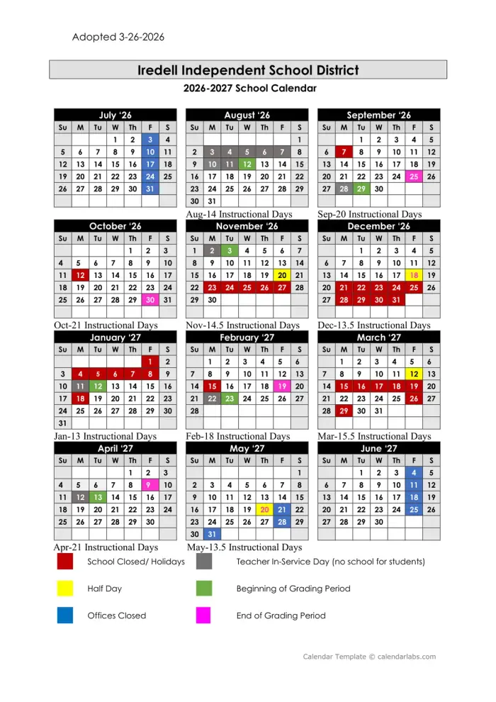 Iredell ISD 2026–2027 academic calendar