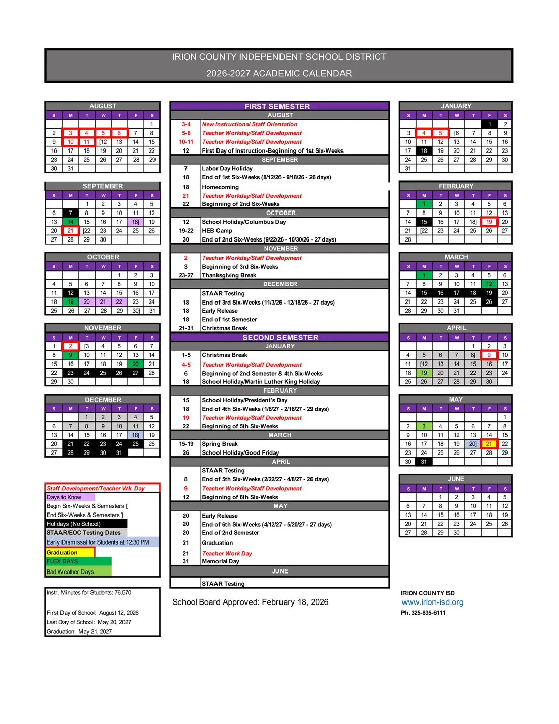 Irion County ISD 2026–2027 academic calendar