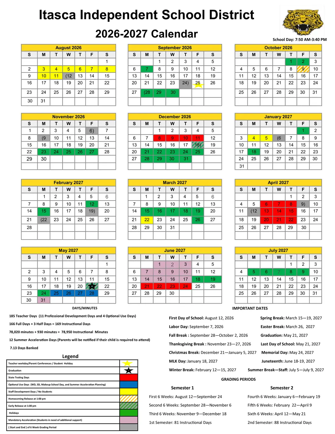 Itasca ISD 2026–2027 academic calendar