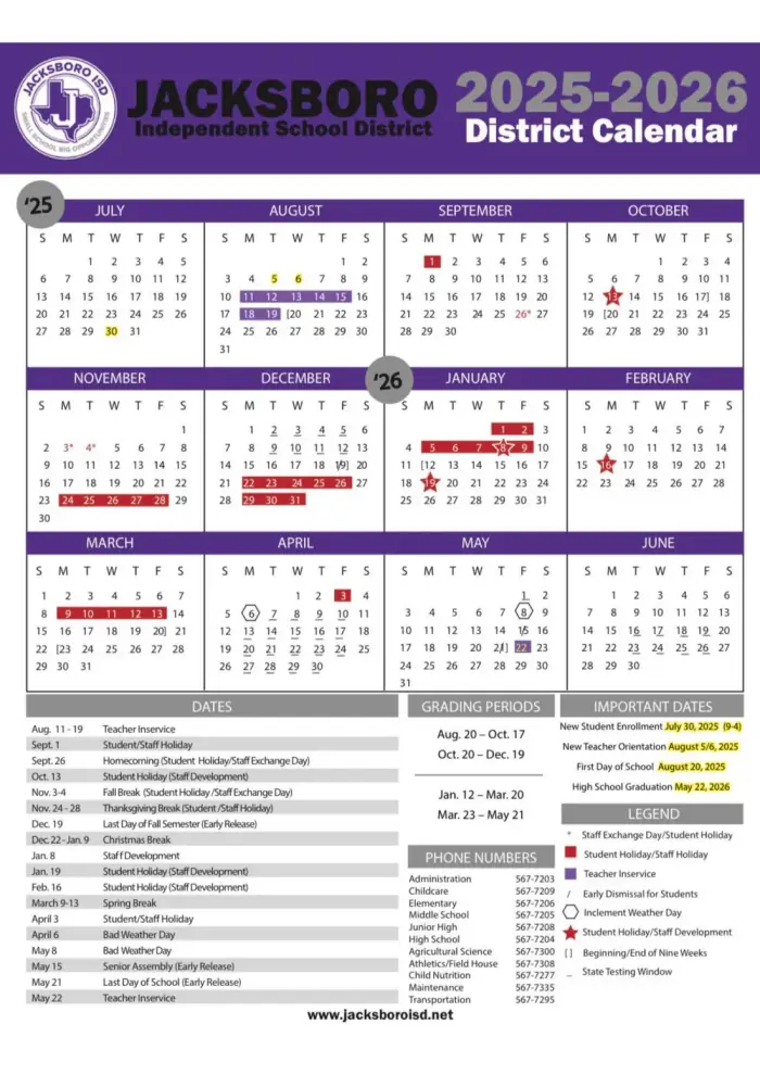 Jacksboro ISD 2026–2027 academic calendar