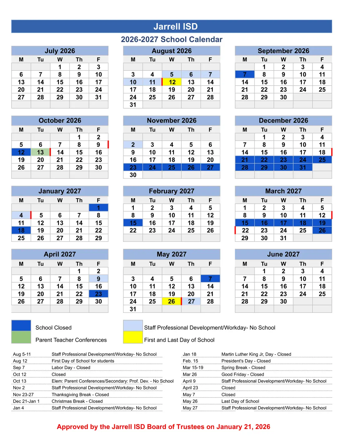 Jarrell ISD 2026–2027 academic calendar
