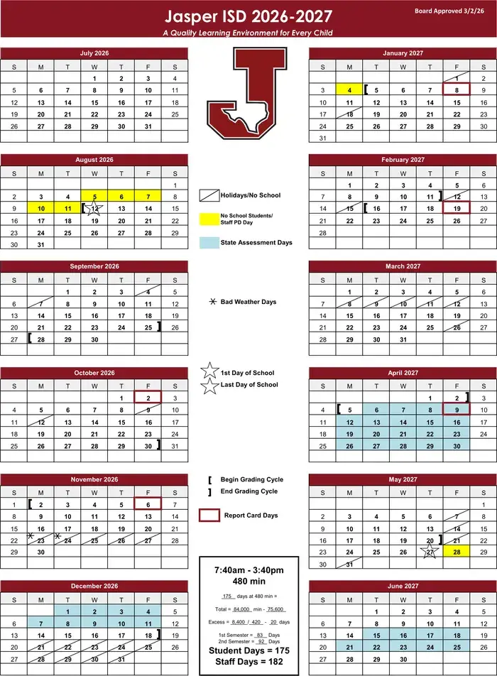 Jasper ISD 2026–2027 academic calendar