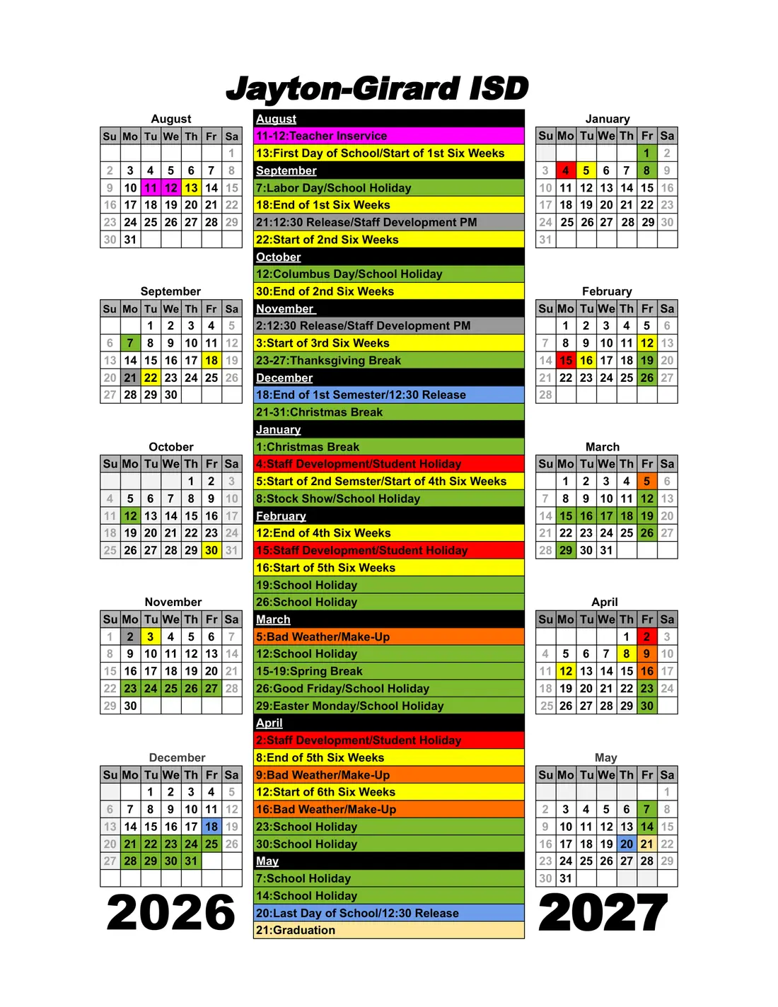 Jayton-girard ISD 2026–2027 academic calendar