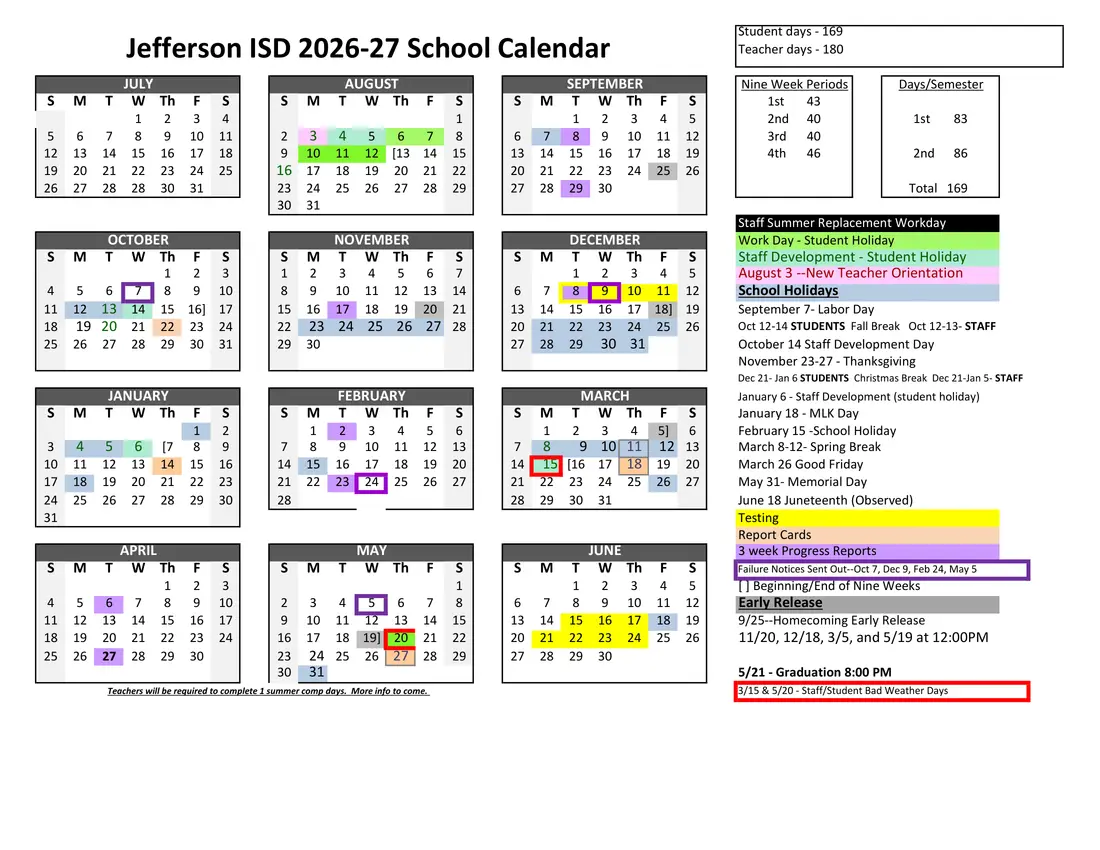 Jefferson ISD 2026–2027 academic calendar