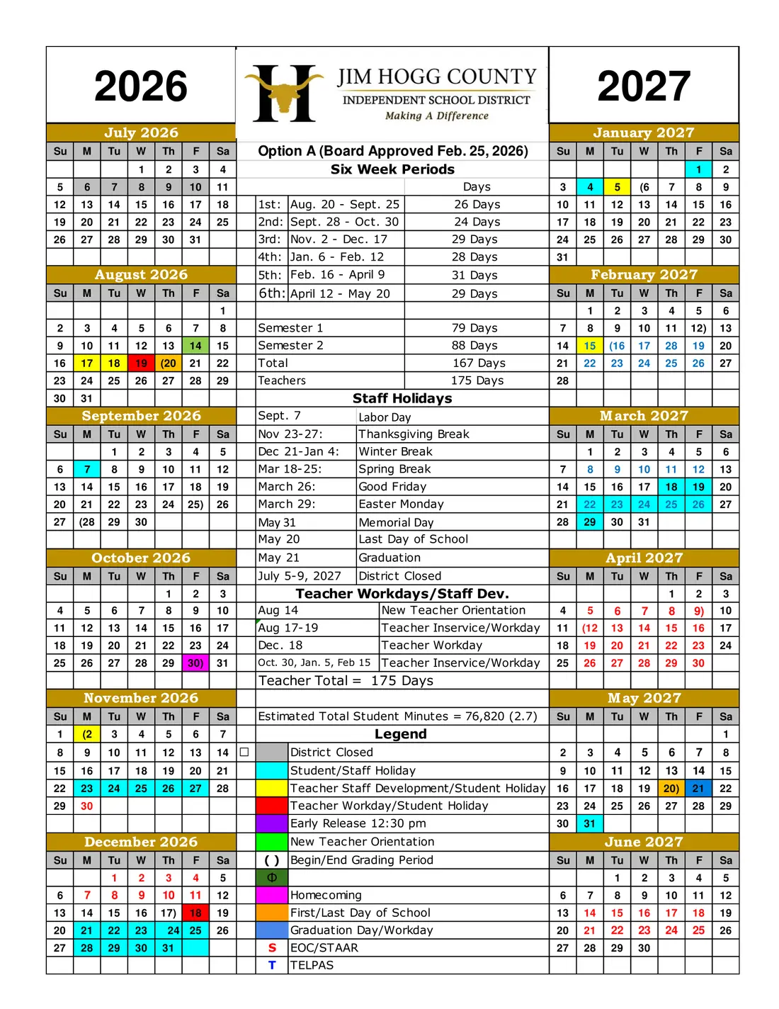 Jim Hogg County ISD 2026–2027 academic calendar