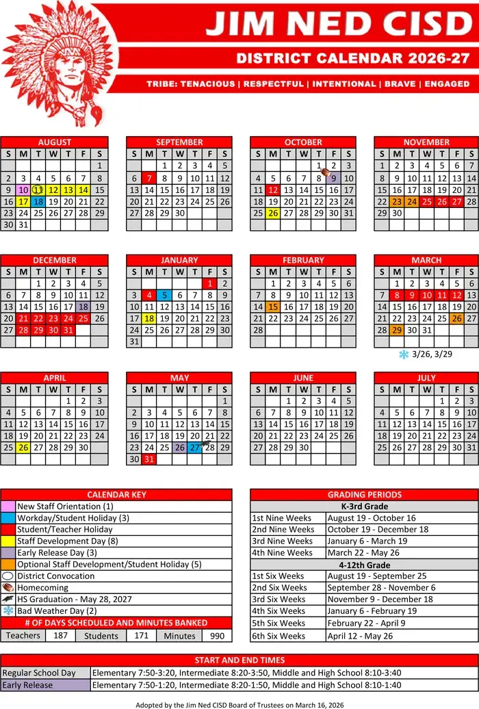 Jim Ned CISD 2026–2027 academic calendar