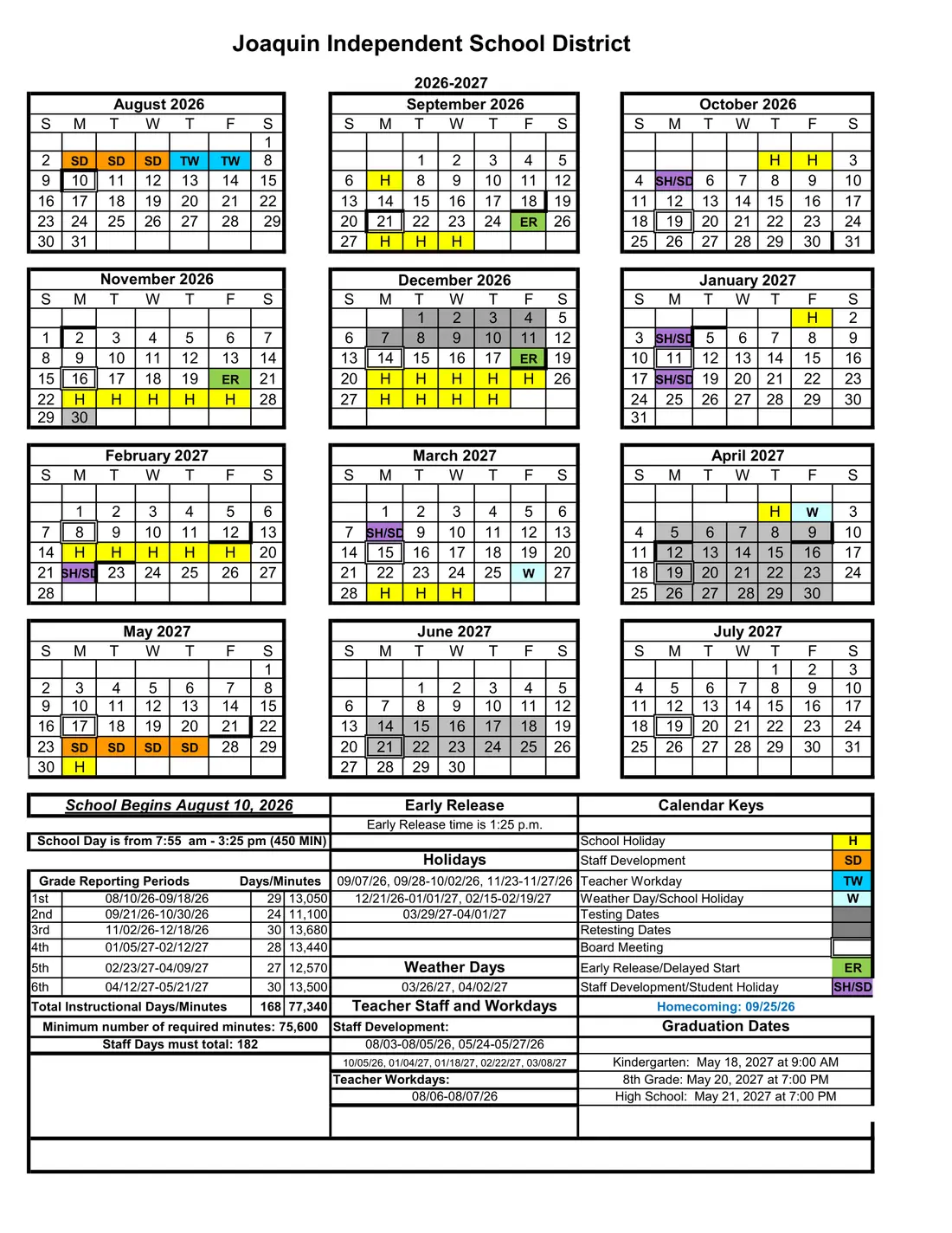 Joaquin ISD 2026–2027 academic calendar