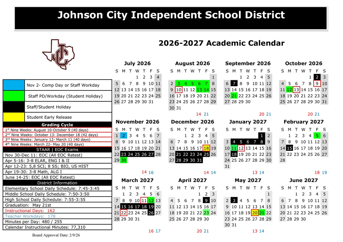 Johnson City ISD 2026–2027 academic calendar
