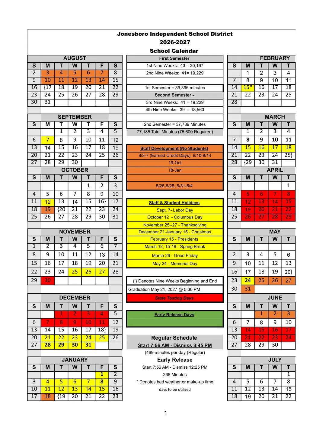 Jonesboro ISD 2026–2027 academic calendar