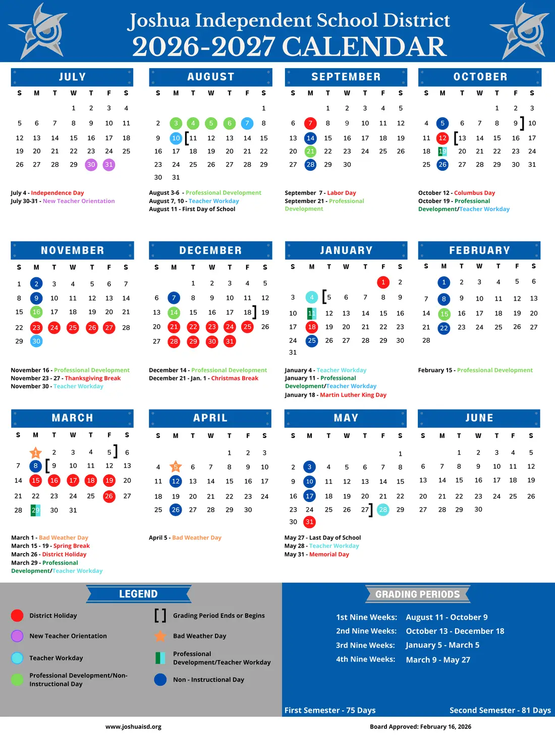 Joshua ISD 2026–2027 academic calendar