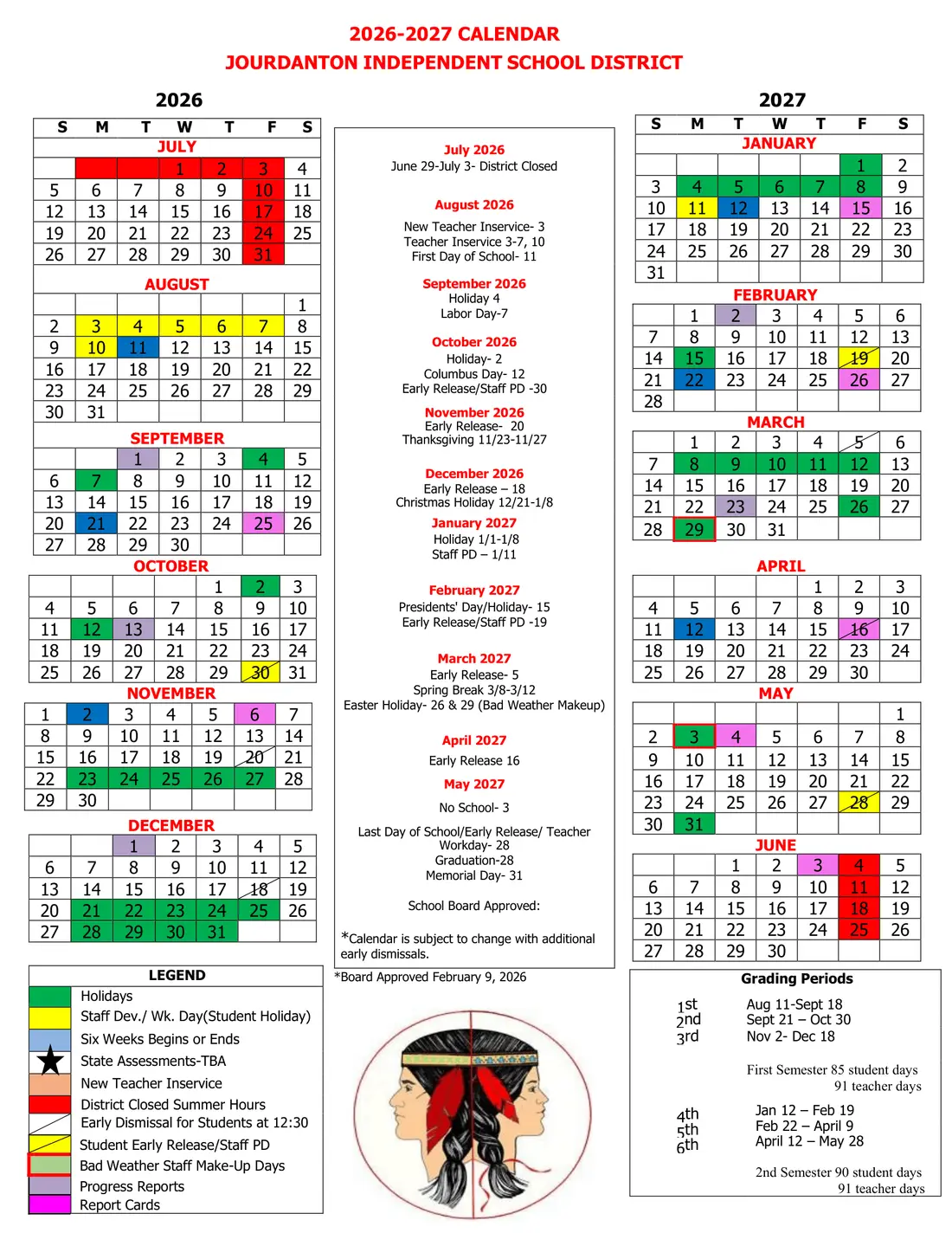 Jourdanton ISD 2026–2027 academic calendar