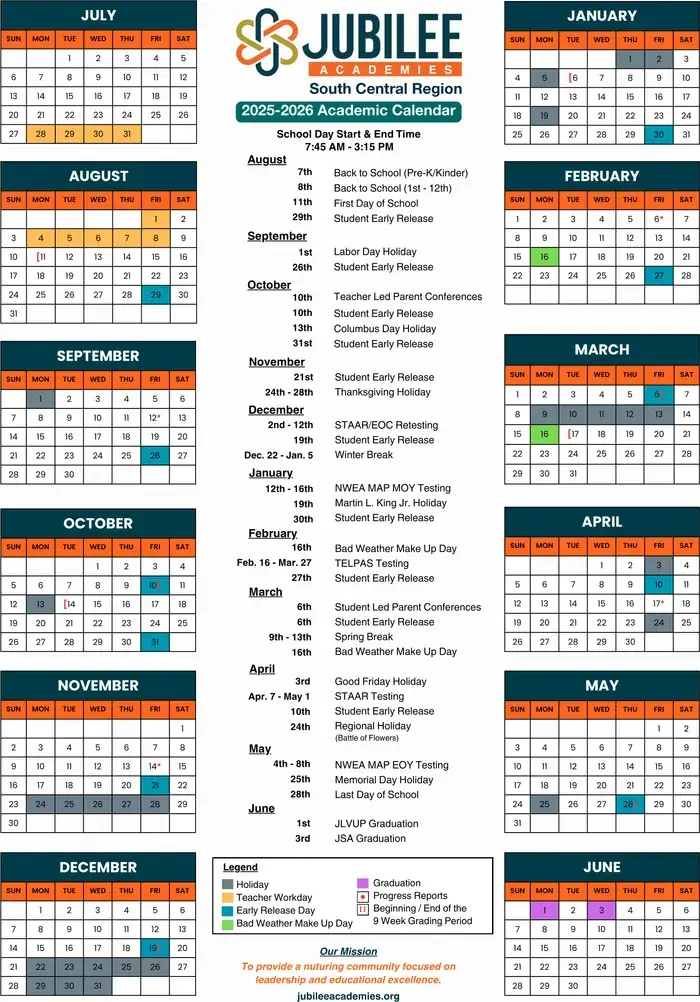 Jubilee Academies 2026–2027 academic calendar