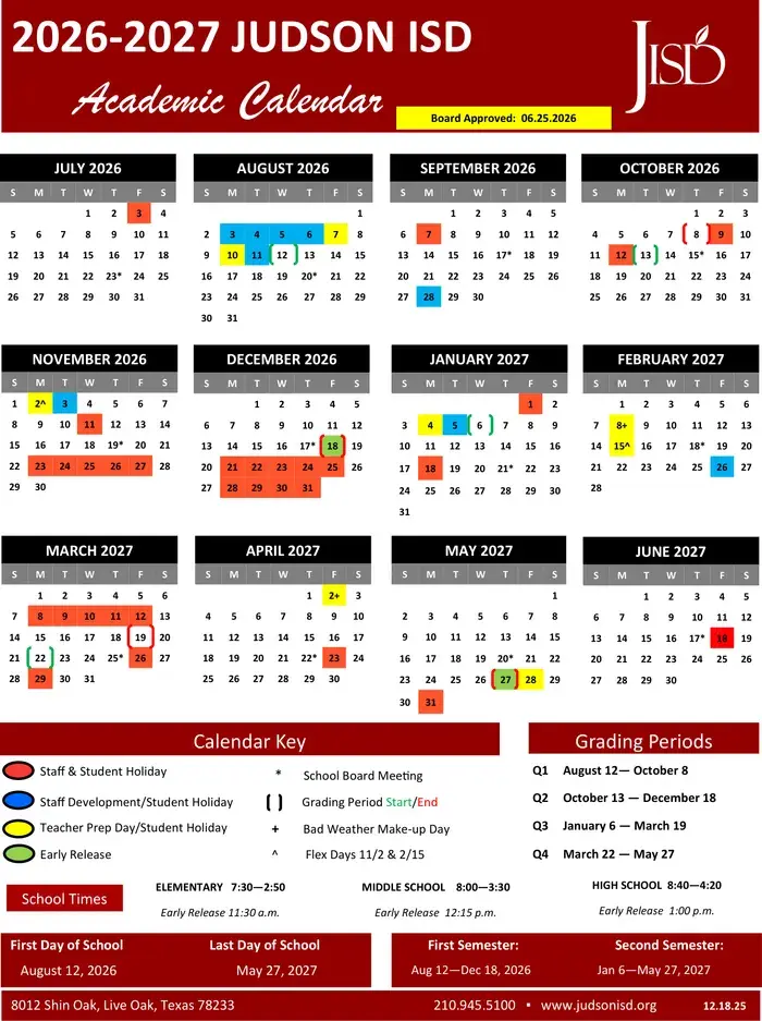 Judson ISD 2026–2027 academic calendar