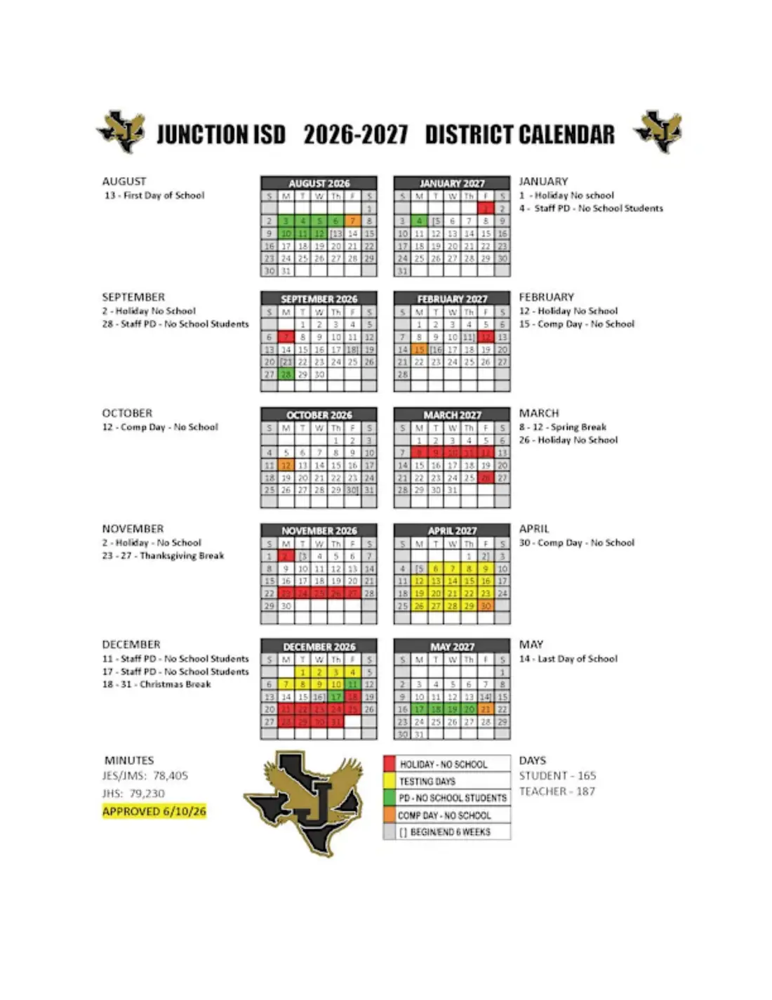 Junction ISD 2026–2027 academic calendar