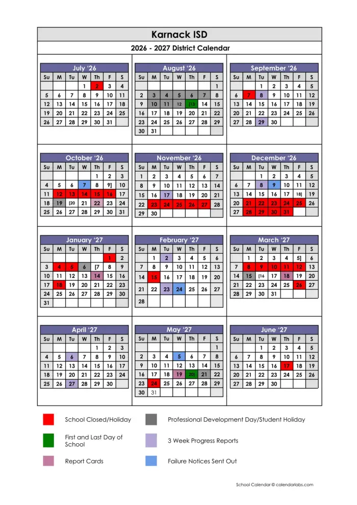 Karnack ISD 2026–2027 academic calendar