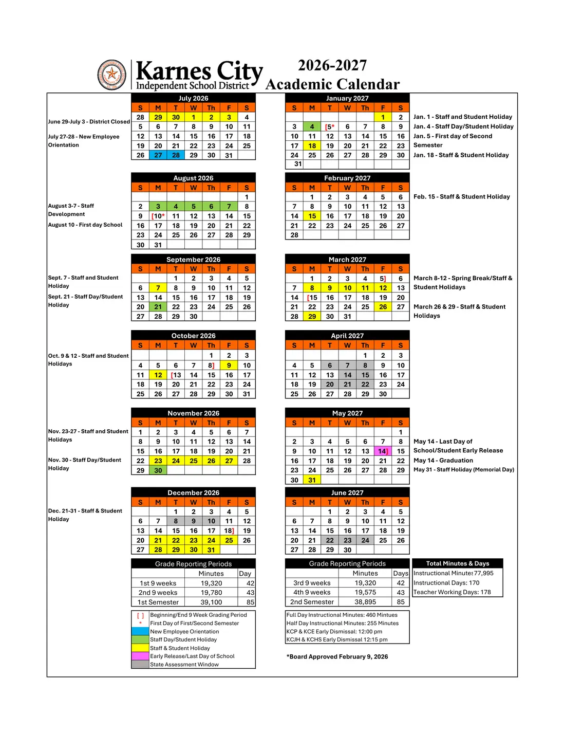 Karnes City ISD 2026–2027 academic calendar