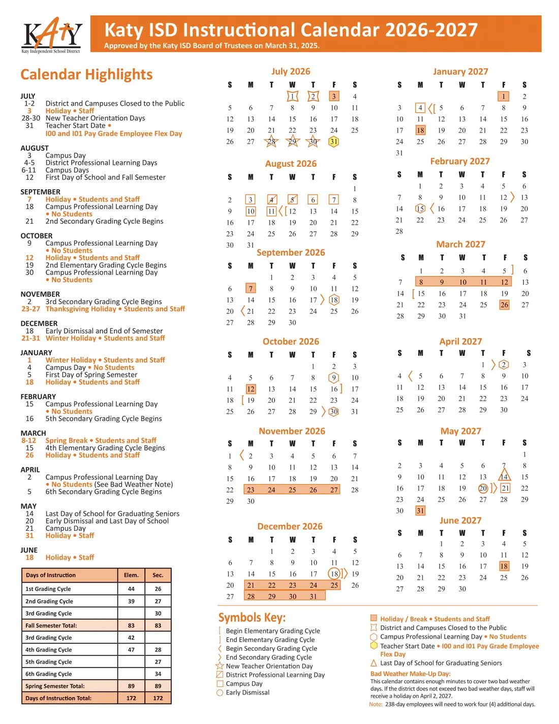 Katy ISD 2026–2027 academic calendar