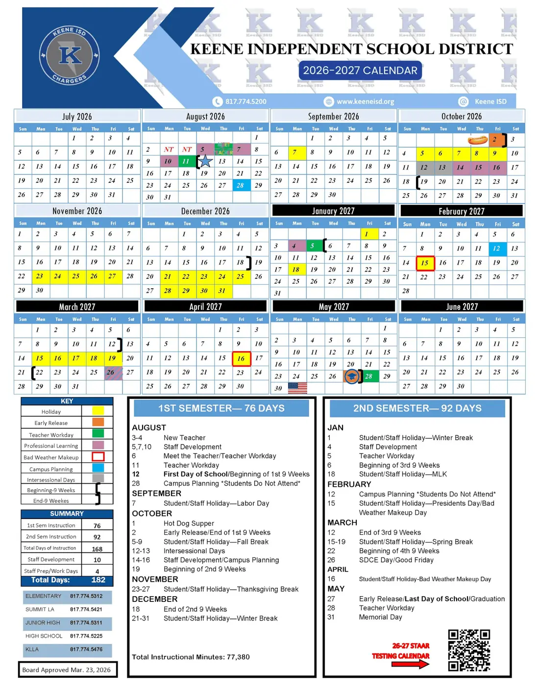 Keene ISD 2026–2027 academic calendar