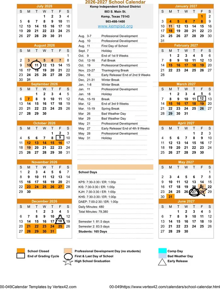 Kemp ISD 2026–2027 academic calendar