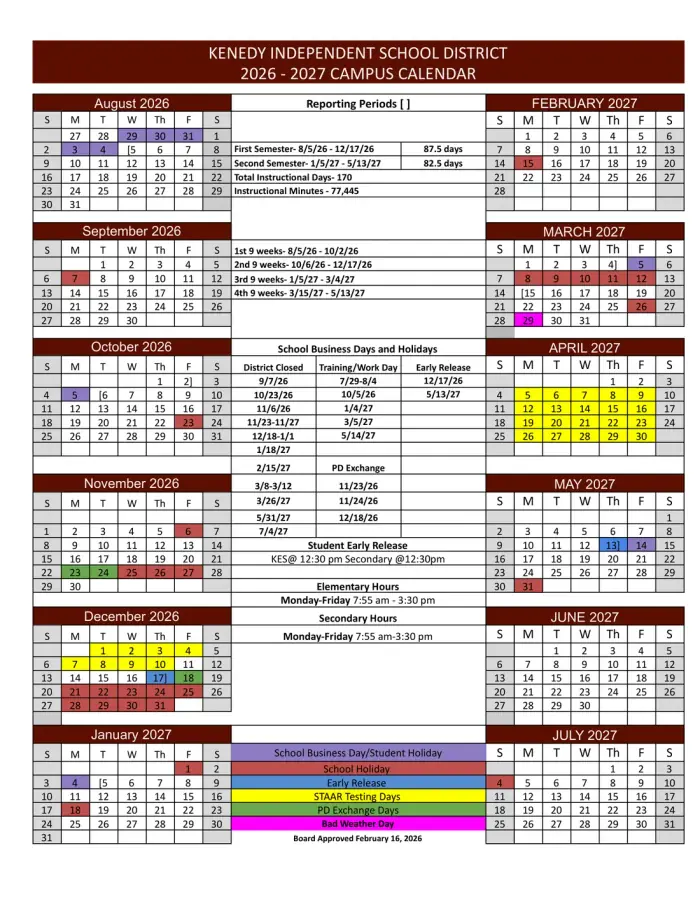 Kenedy ISD 2026–2027 academic calendar