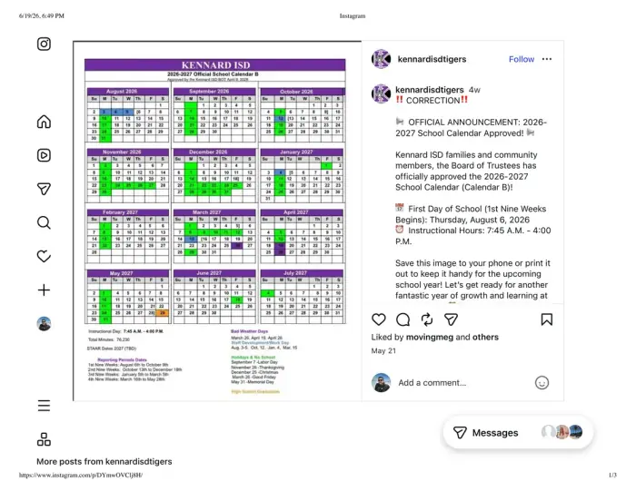 Kennard ISD 2026–2027 academic calendar