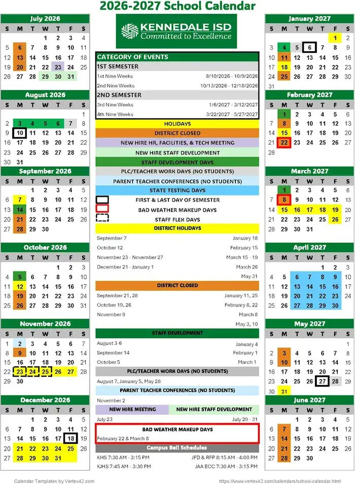 Kennedale ISD 2026–2027 academic calendar