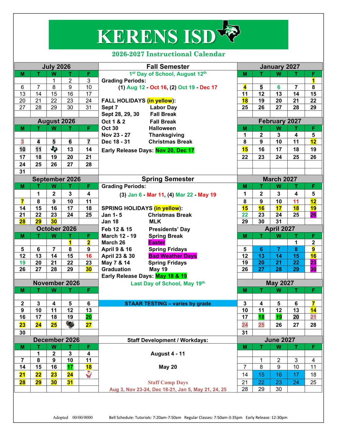 Kerens ISD 2026–2027 academic calendar