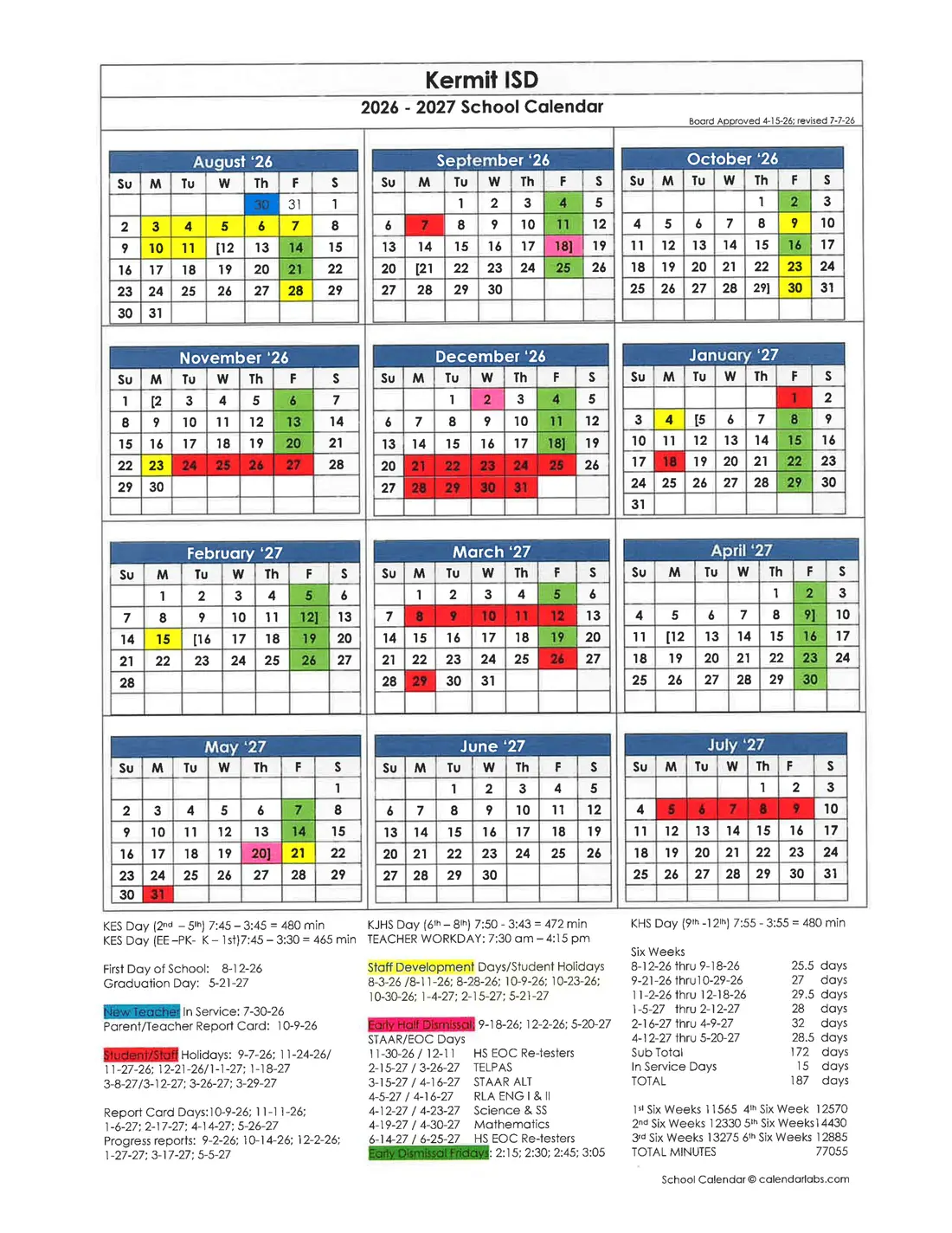 Kermit ISD 2026–2027 academic calendar
