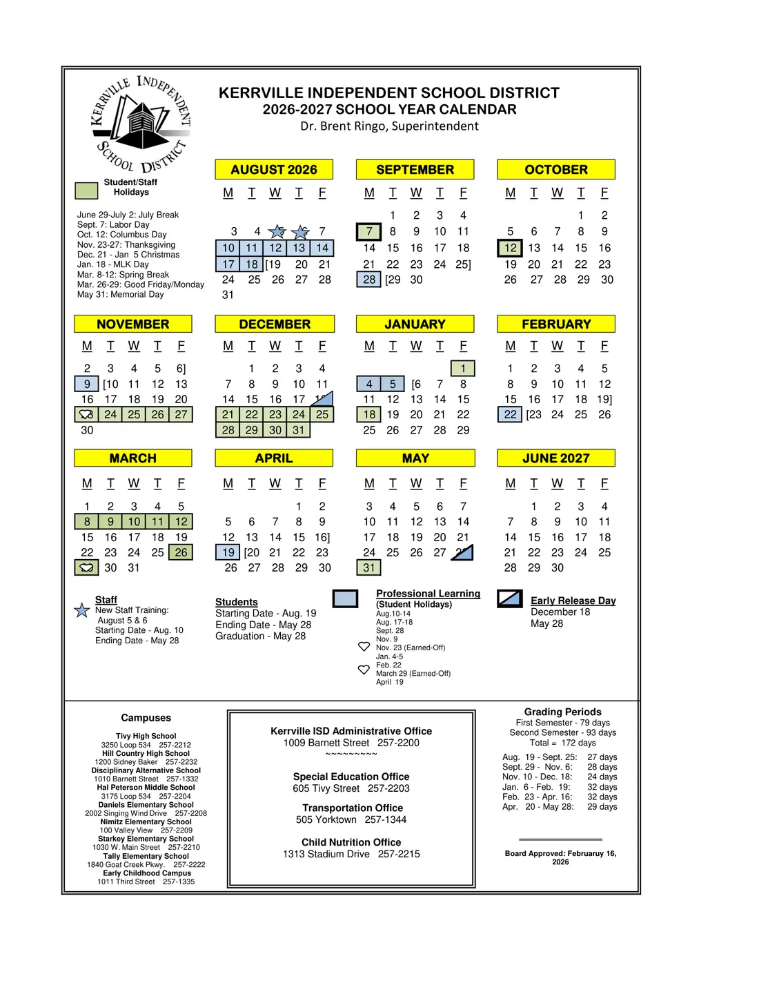 Kerrville ISD 2026–2027 academic calendar